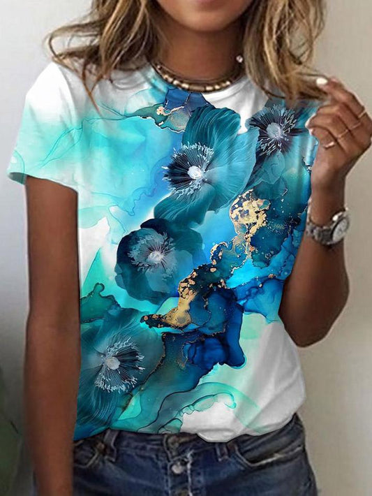 Gradient Floral Print Round Neck Short Sleeves T-Shirts TSH2107031277GRES Green / S