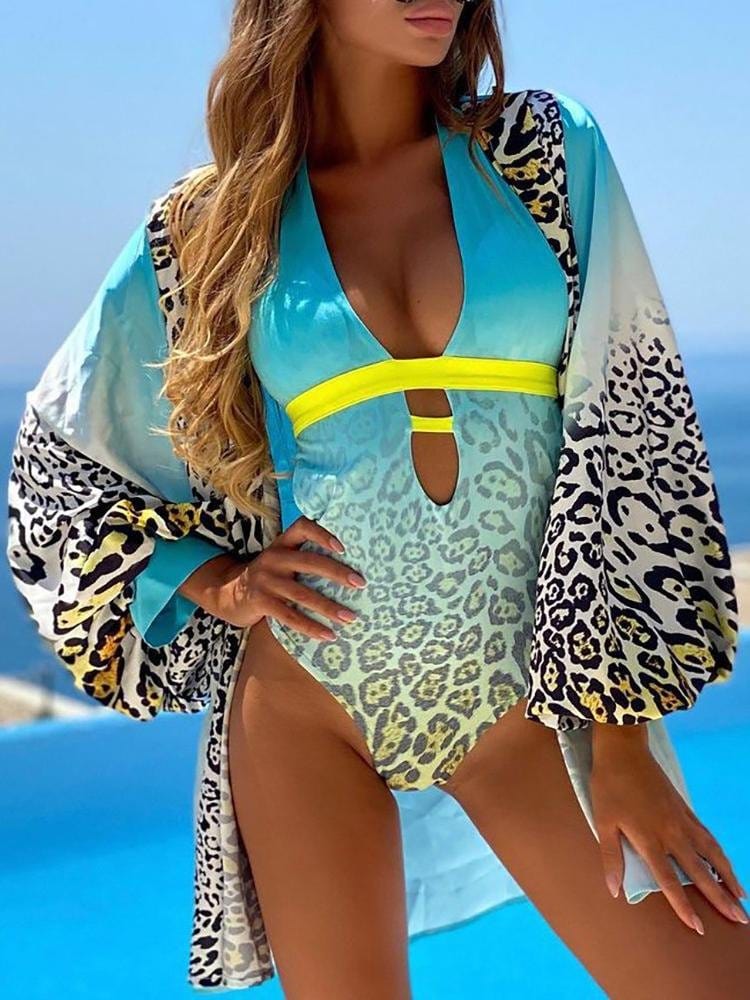 Gradient Leopard Print Plunge Halter Swimwear & Cover Up Set