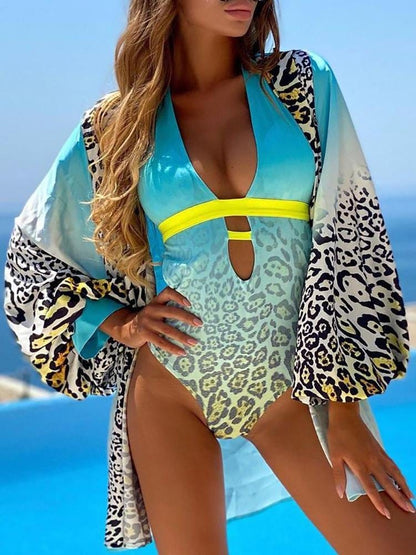 Gradient Leopard Print Plunge Halter Swimwear & Cover Up Set