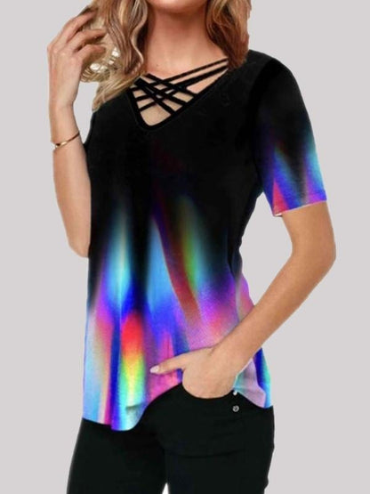 Gradient Print Casual Short-sleeved V-neck T-shirt