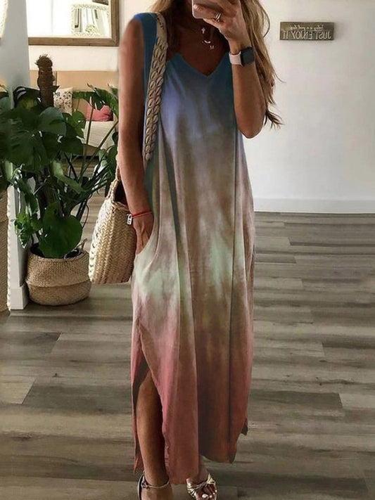 Gradient Tie-dye Print Sleeveless Long Dress DRE2107131897BLUS Blue / S