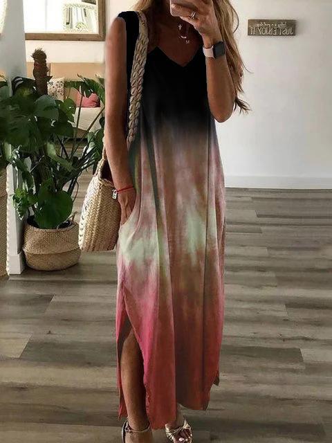 Gradient Tie-dye Print Sleeveless Long Dress DRE2107131897BLAS Black / S