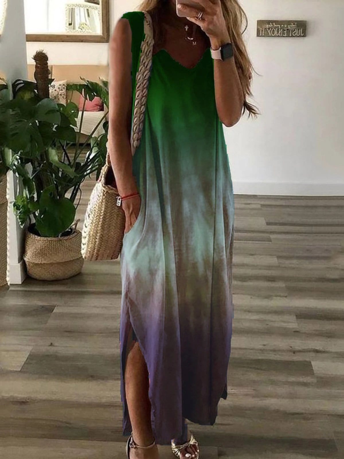 Gradient Tie-dye Print Sleeveless Long Dress DRE2107131897GRES Green / S