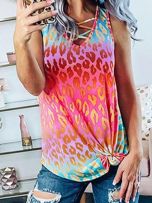 Gradient V-Neck Tie-Dye Printing Tank Tops TAN2106291152REDS Red / S