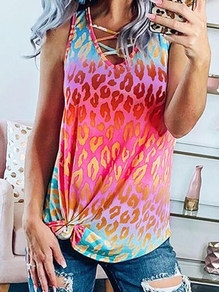 Gradient V-Neck Tie-Dye Printing Tank Tops