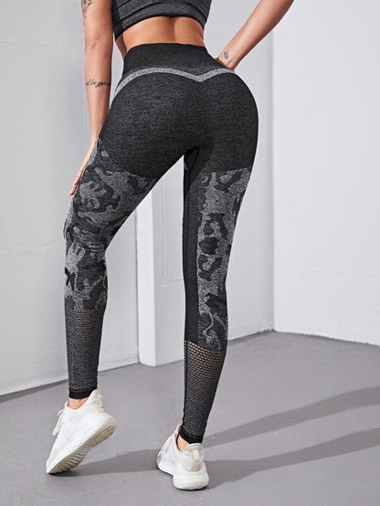 Graphic Print Hallow Out Wide Band Waist Sports Leggings
