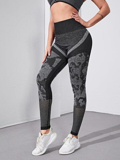 Graphic Print Hallow Out Wide Band Waist Sports Leggings