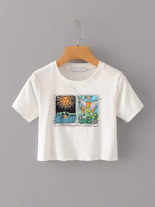 Graphic Print Round Neck Crop Tee TSH210220062WHIS White / S