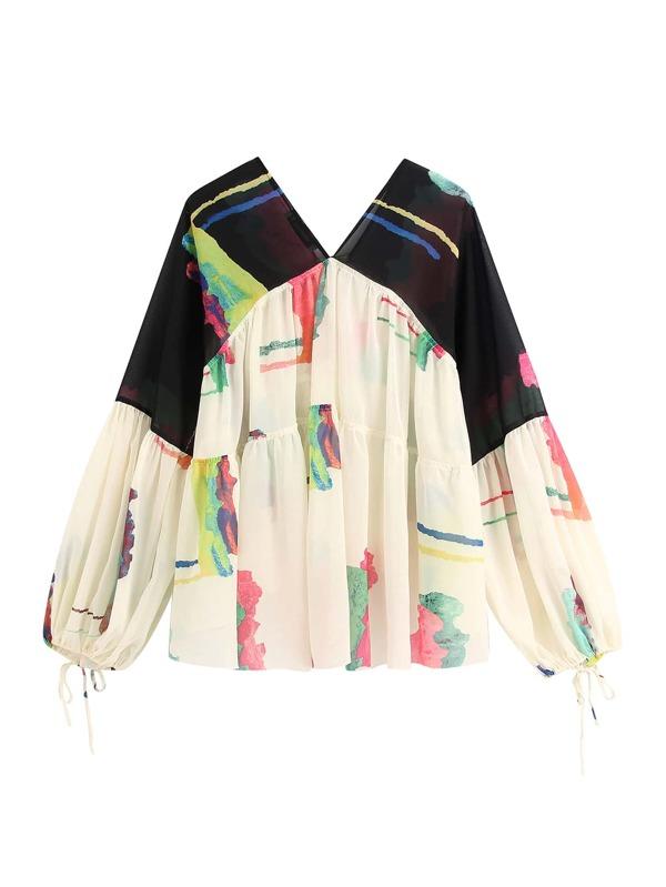 Graphic Print Ruffle Hem Sheer Chiffon Blouse