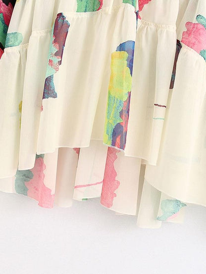 Graphic Print Ruffle Hem Sheer Chiffon Blouse