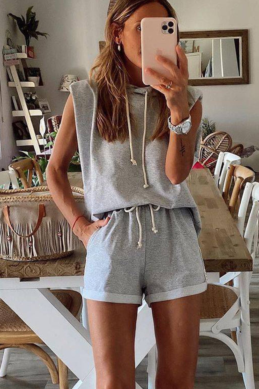 Gray Hooded Tank Top and Shorts Set with Adjustable Drawstring