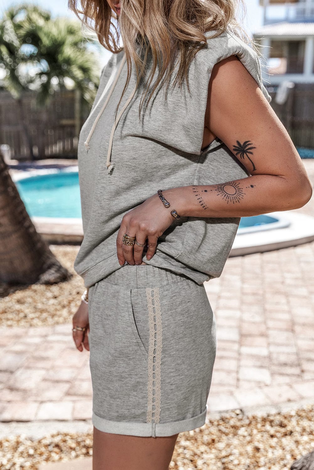 Gray Hooded Tank Top and Shorts Set with Adjustable Drawstring