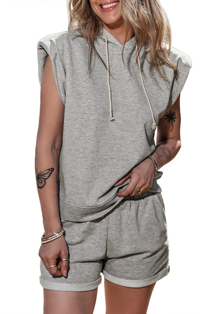 Gray Hooded Tank Top and Shorts Set with Adjustable Drawstring