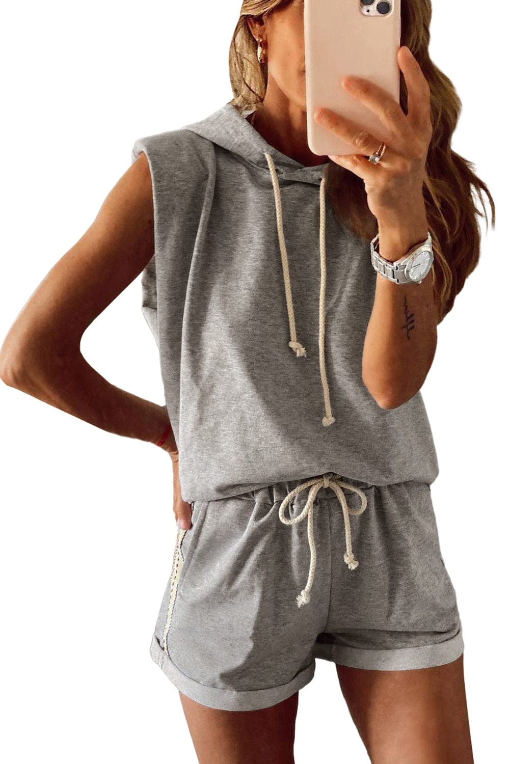 Gray Hooded Tank Top and Shorts Set with Adjustable Drawstring