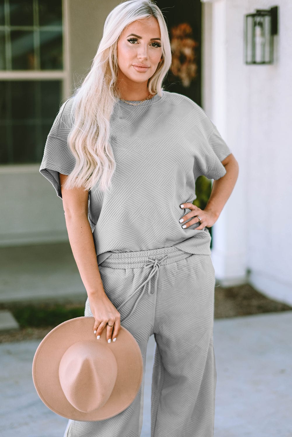 Gray Ribbed Casual Two-Piece Pant Set with Drawstring Waist