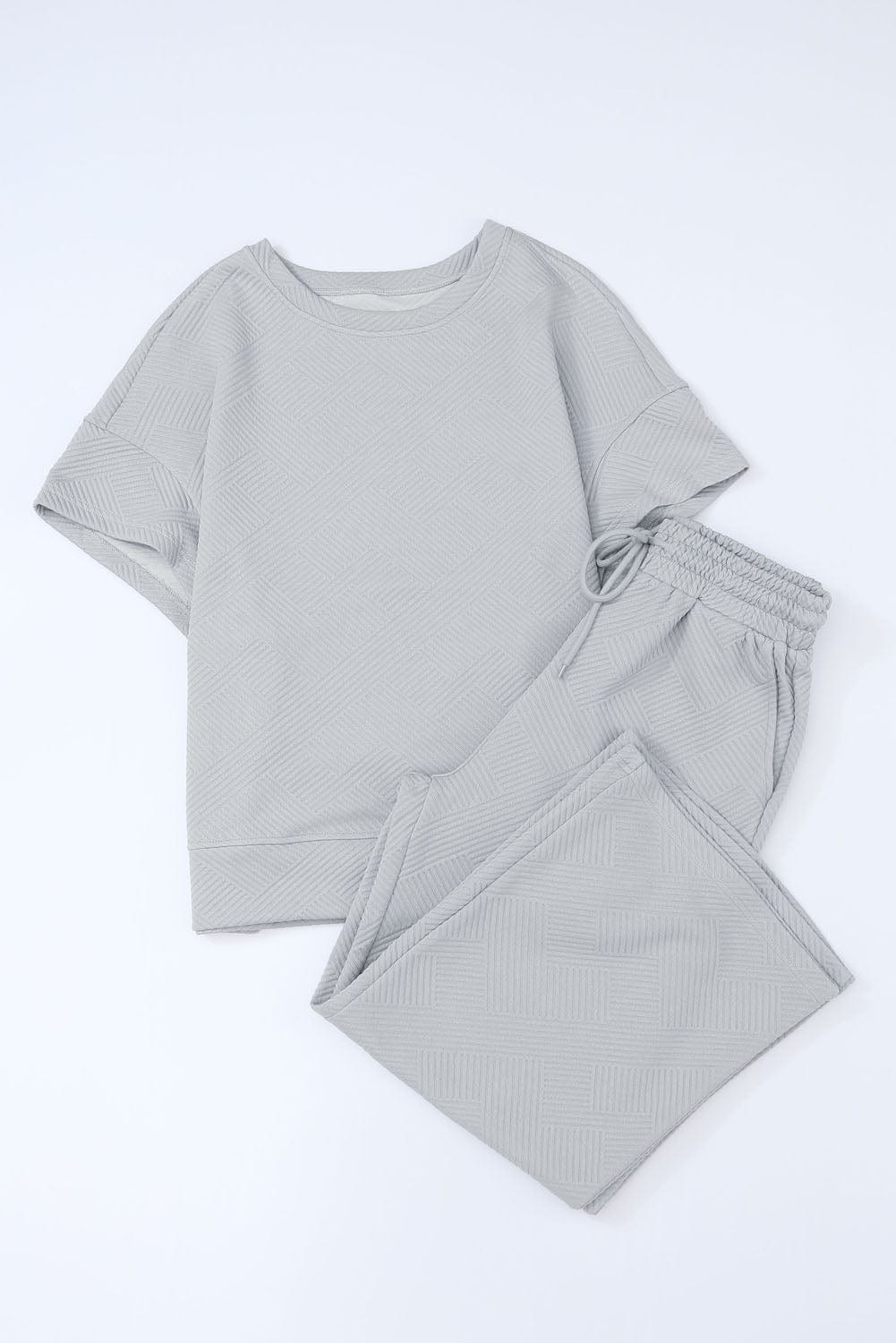 Gray Ribbed Casual Two-Piece Pant Set with Drawstring Waist