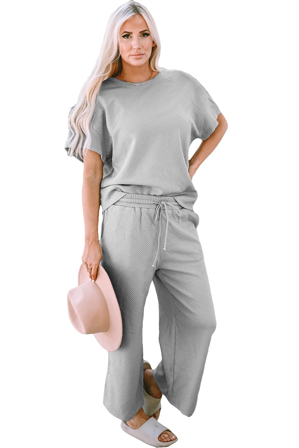 Gray Ribbed Casual Two-Piece Pant Set with Drawstring Waist