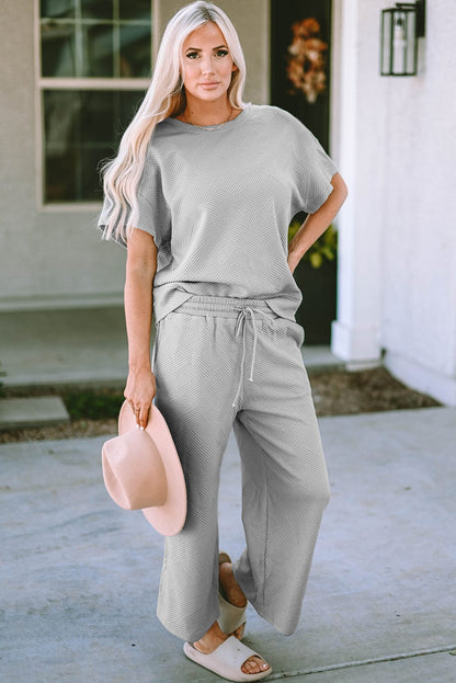 Gray Ribbed Casual Two-Piece Pant Set with Drawstring Waist