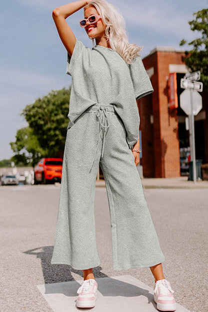 Gray Ribbed Casual Two-Piece Pant Set with Drawstring Waist