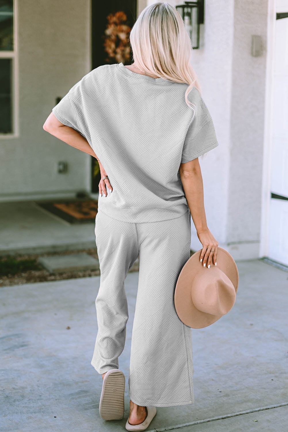 Gray Ribbed Casual Two-Piece Pant Set with Drawstring Waist