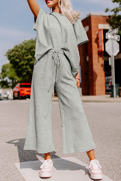 Gray Ribbed Casual Two-Piece Pant Set with Drawstring Waist