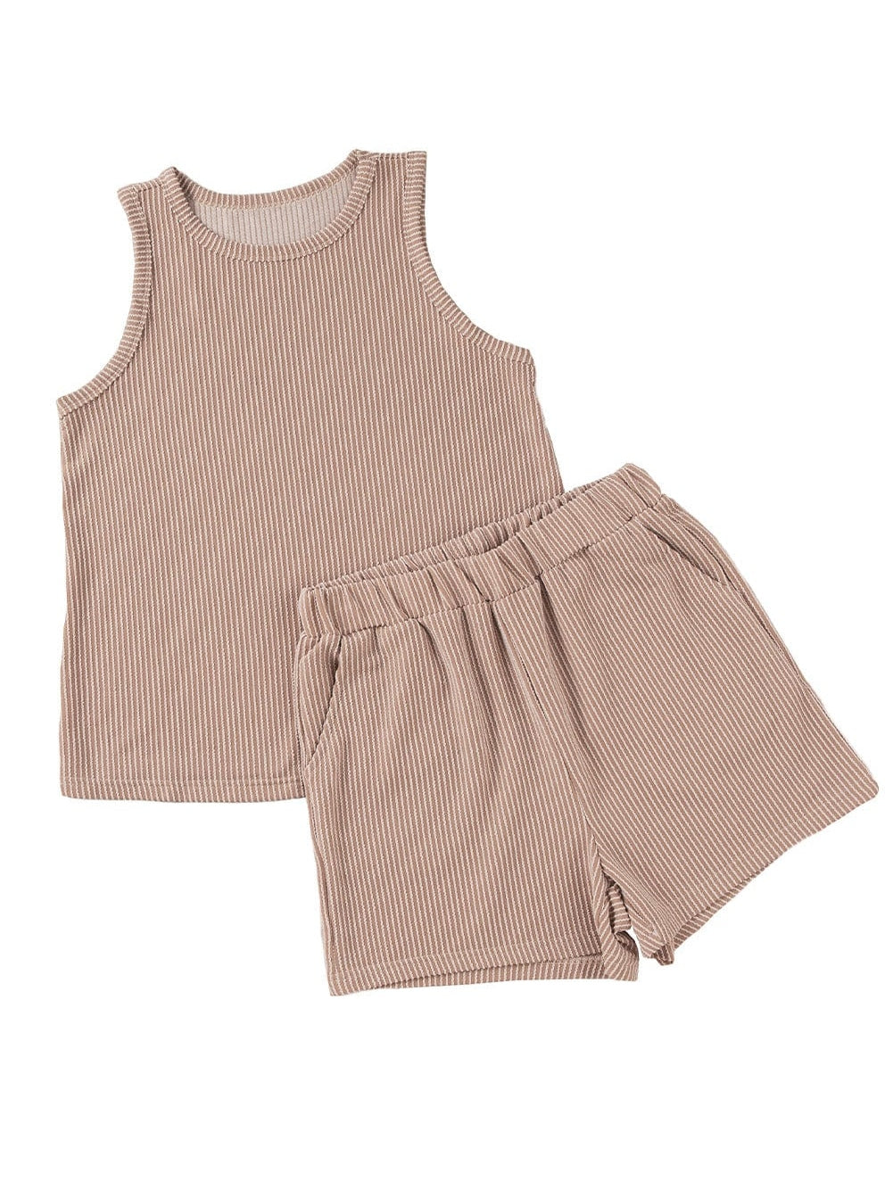 Gray Ribbed Sleeveless Top and Shorts Set with Pockets