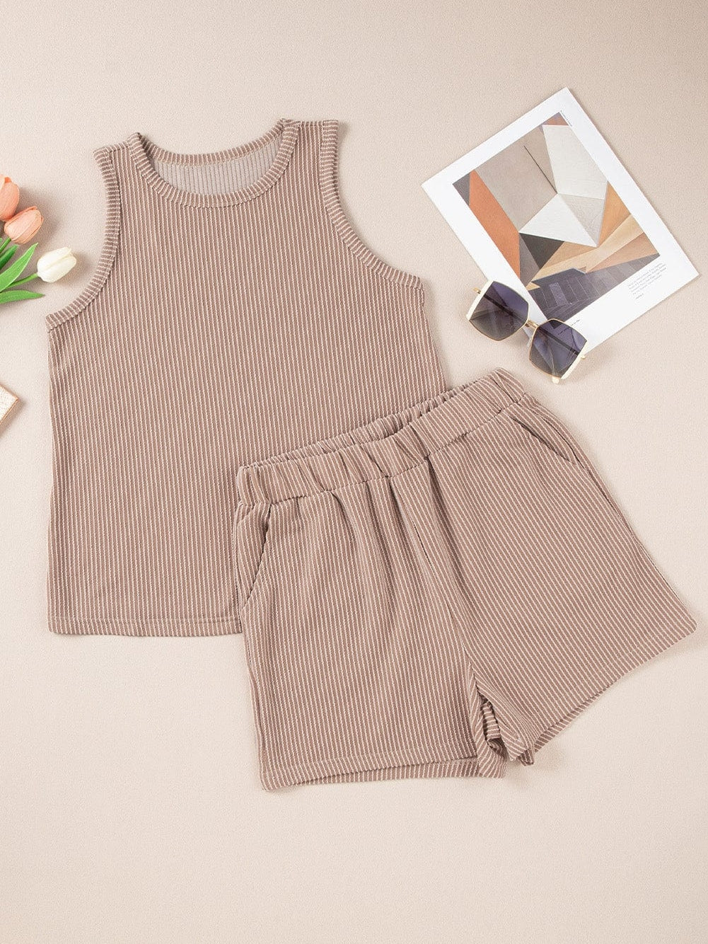 Gray Ribbed Sleeveless Top and Shorts Set with Pockets