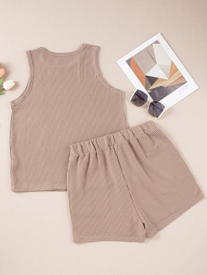 Gray Ribbed Sleeveless Top and Shorts Set with Pockets