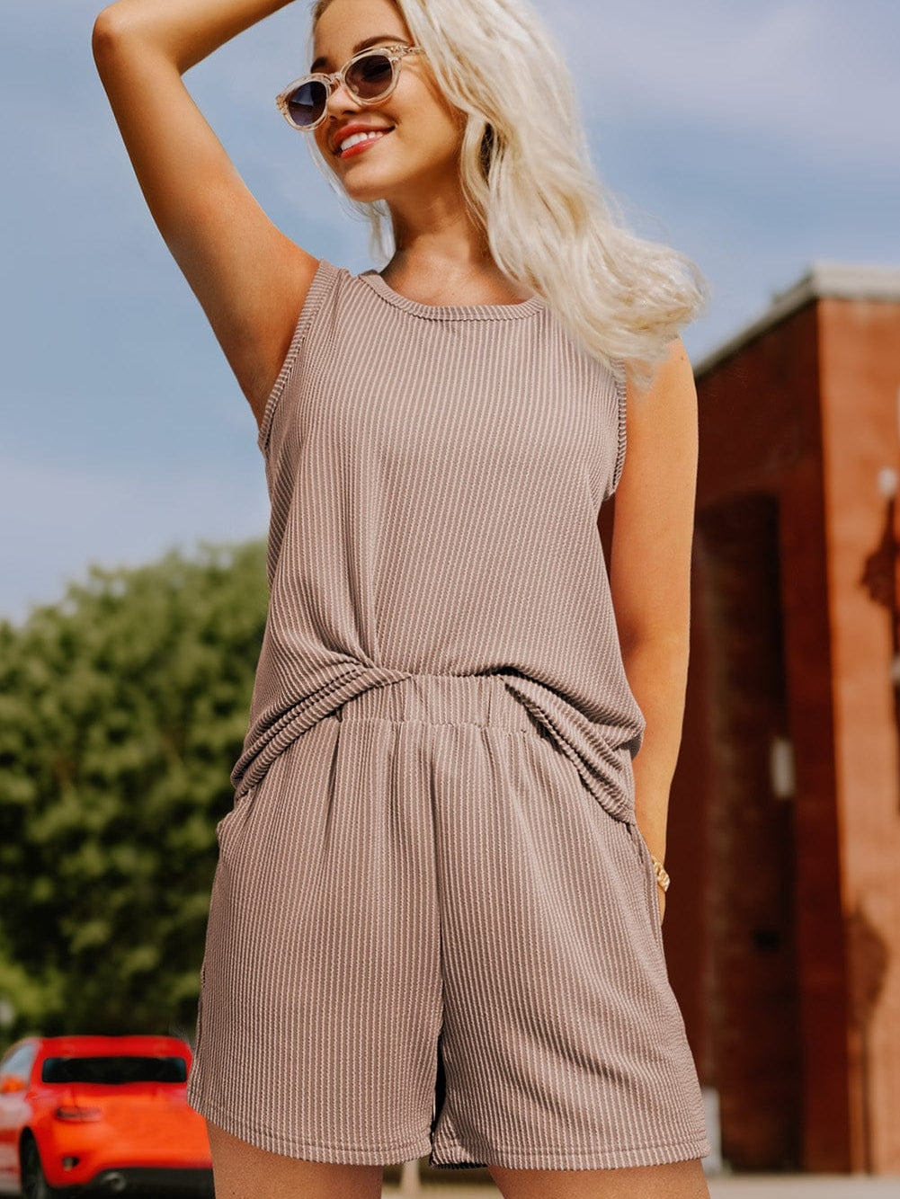 Gray Ribbed Sleeveless Top and Shorts Set with Pockets