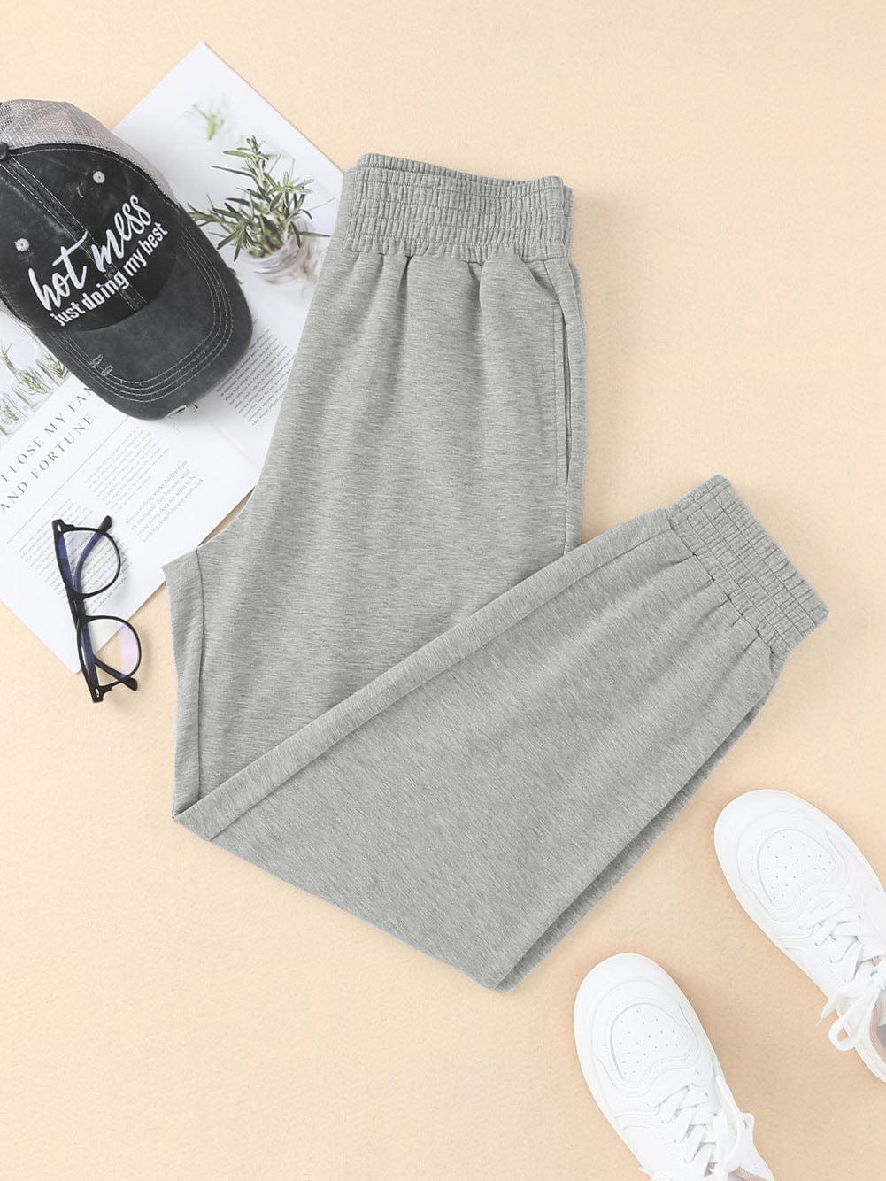 Gray Smocked High Waist Jogger Pants