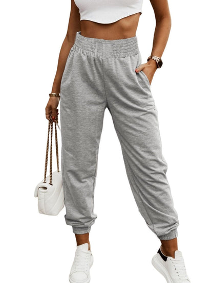 Gray Smocked High Waist Jogger Pants