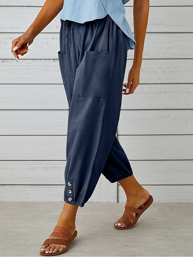 Women's Linen Pants Loose Cropped Trousers Drawstring Elastic Waist Navy Denim Blue Black Fashion Casual Daily Side Pockets Ankle-Length Comfort Solid Color S M L XL 2XL - LuckyFash™