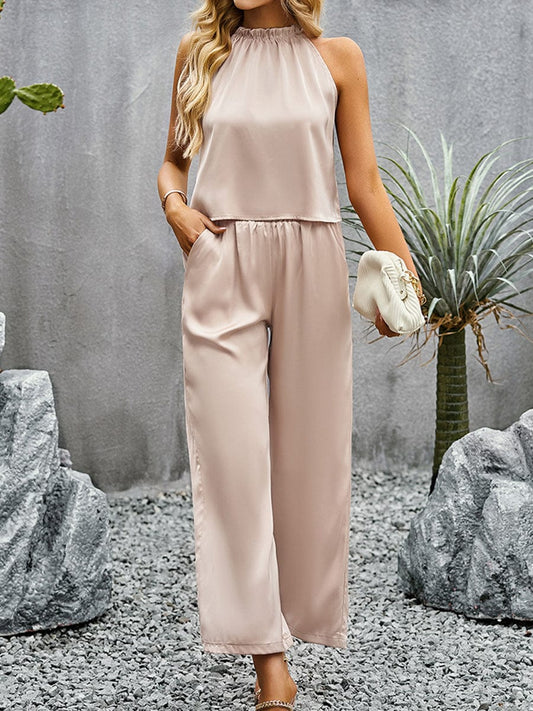 Grecian Neck Sleeveless Pocketed Set cc1JUM2307200012LPIS LightPink / 2 (S)