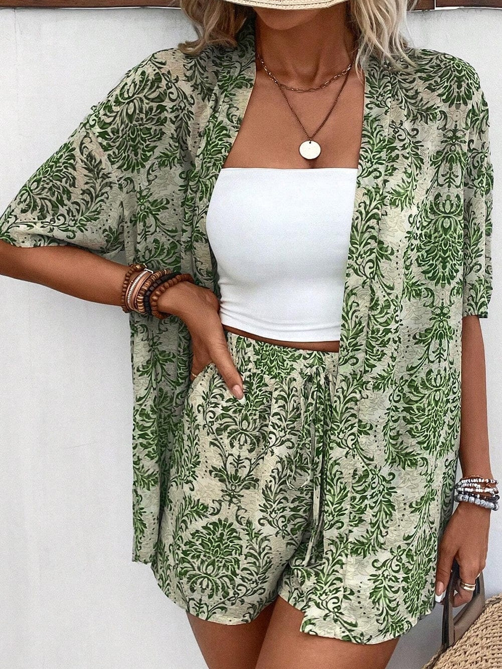 Green Bohemian Floral Print Two-Piece Short Set