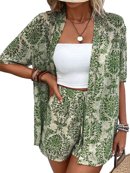 Green Bohemian Floral Print Two-Piece Short Set