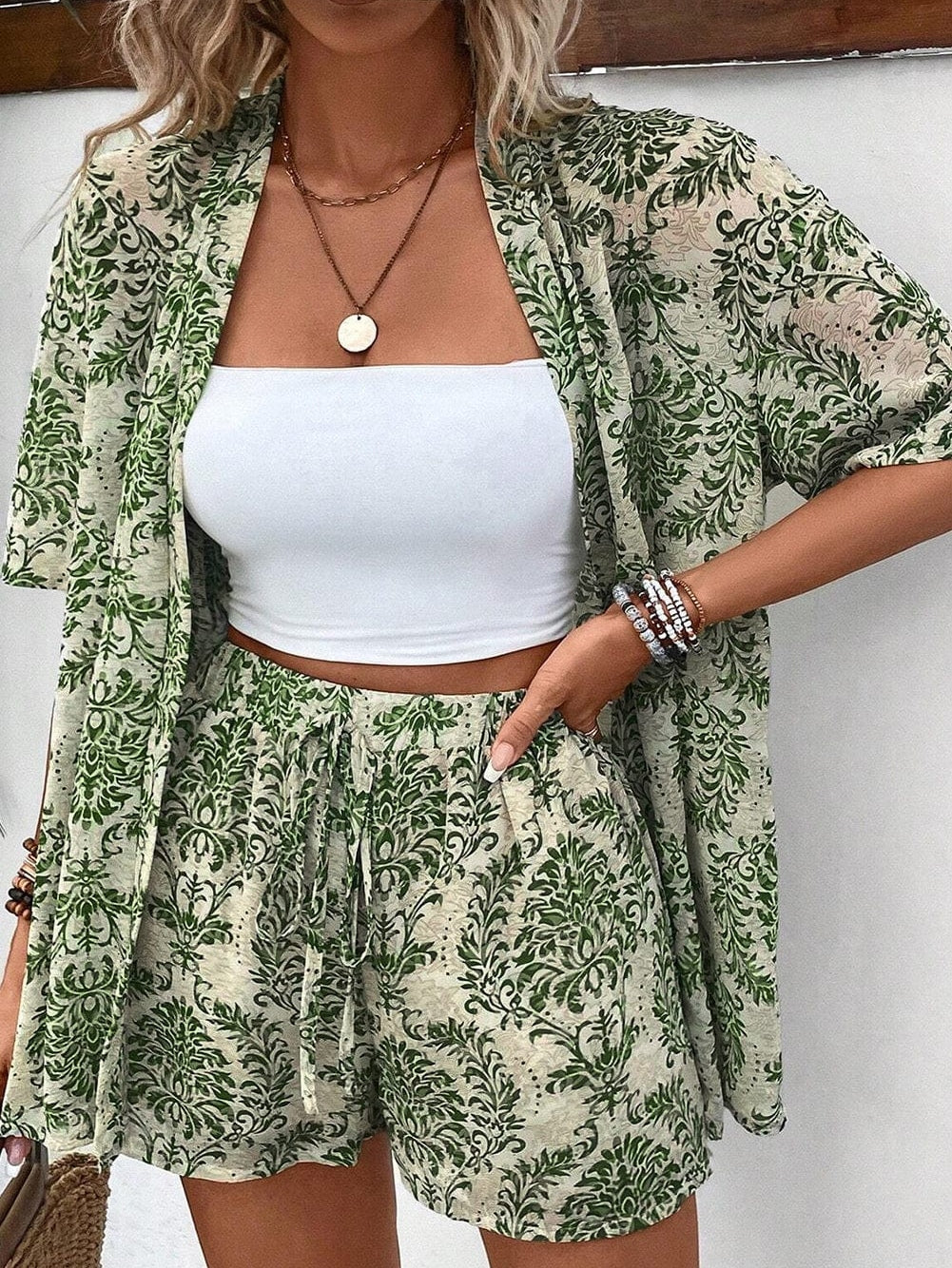 Green Bohemian Floral Print Two-Piece Short Set