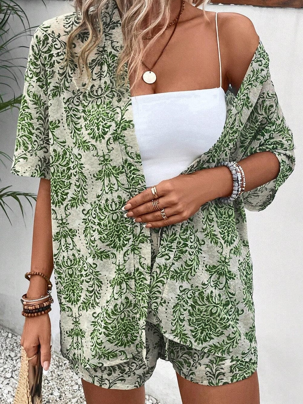 Green Bohemian Floral Print Two-Piece Short Set