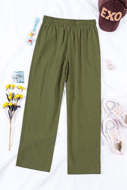 Green Casual Drawstring Waist Straight Leg Pants with Pockets