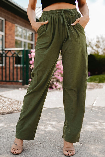 Green Casual Drawstring Waist Straight Leg Pants with Pockets