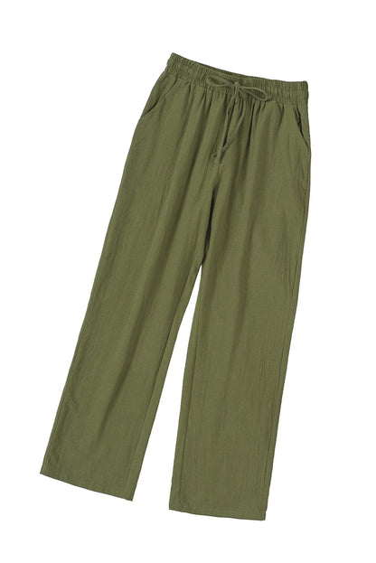 Green Casual Drawstring Waist Straight Leg Pants with Pockets