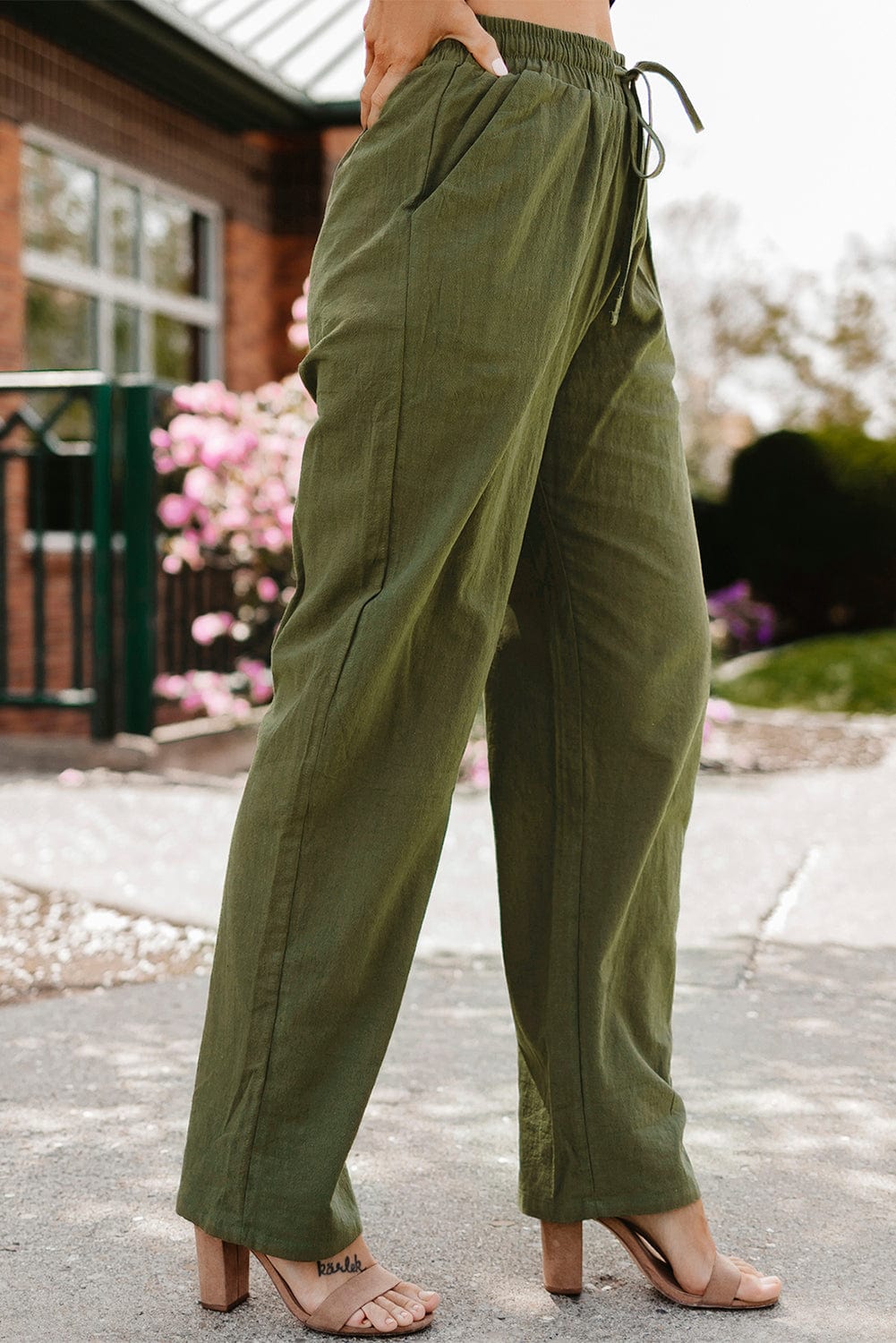 Green Casual Drawstring Waist Straight Leg Pants with Pockets