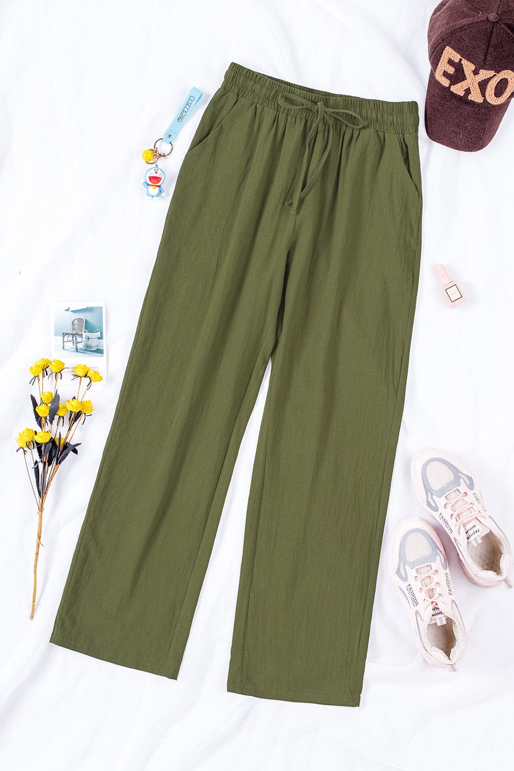 Green Casual Drawstring Waist Straight Leg Pants with Pockets