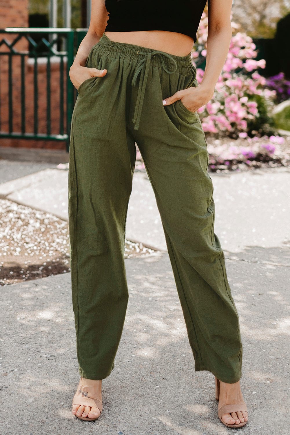 Green Casual Drawstring Waist Straight Leg Pants with Pockets