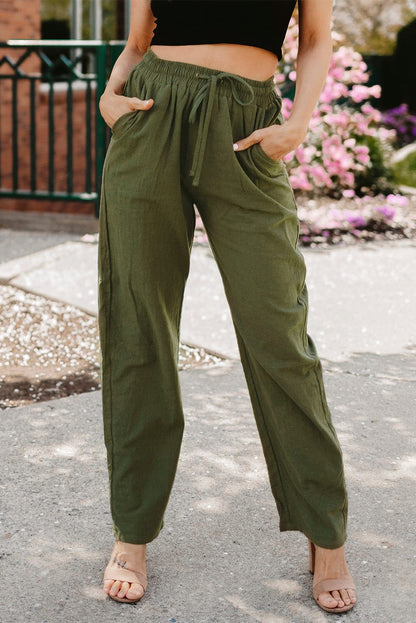 Green Drawstring Elastic Waist Pockets Long Straight Legs Pants