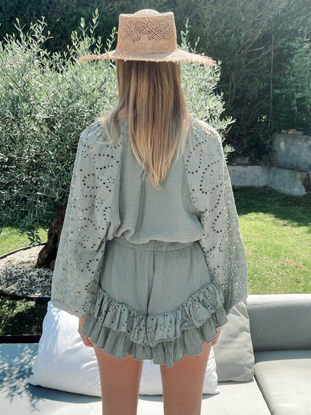 Green Eyelet Embroidered Ruffle Sleeve Top and Shorts Set