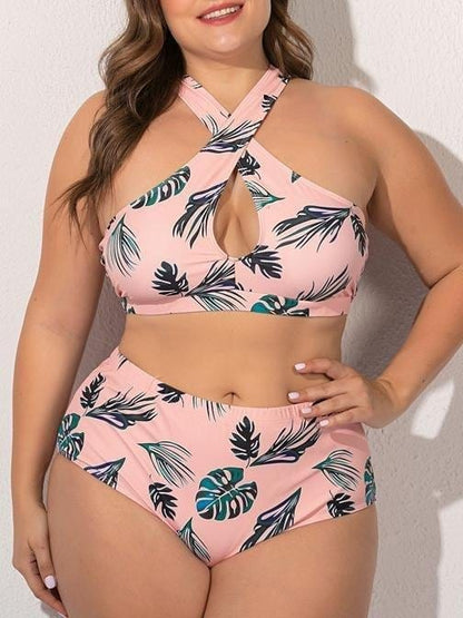 Green Leaf Cross Plus Size Split Swimsuit SWI210422231PINXL Pink / XL