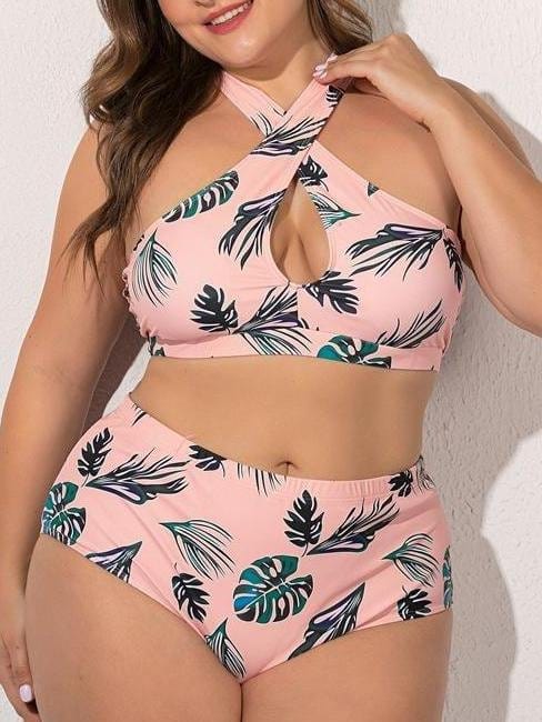 Green Leaf Cross Plus Size Split Swimsuit for Women