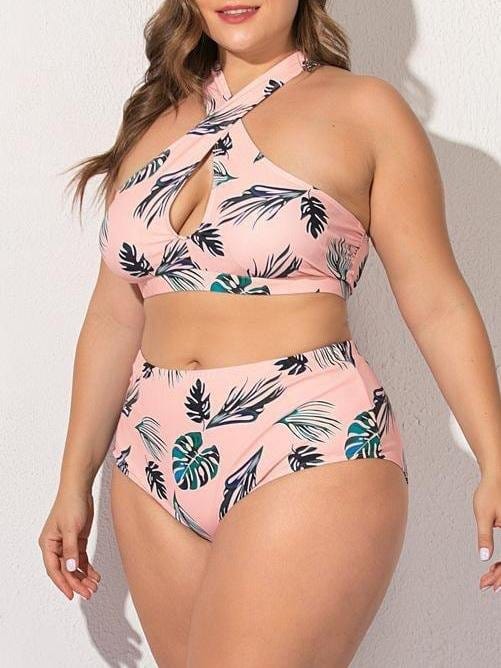 Green Leaf Cross Plus Size Split Swimsuit for Women