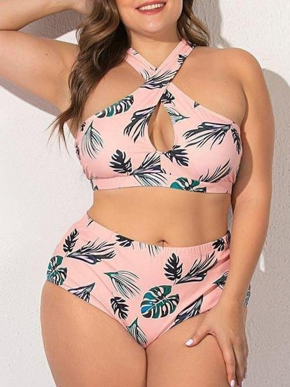 Green Leaf Cross Plus Size Split Swimsuit for Women