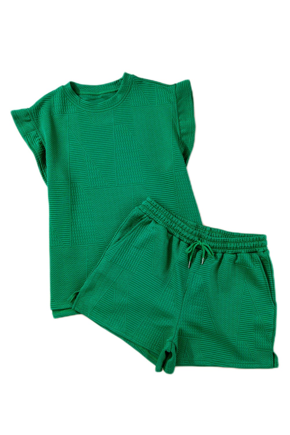 Green Quilted Ruffle Sleeve Two-Piece Casual Set